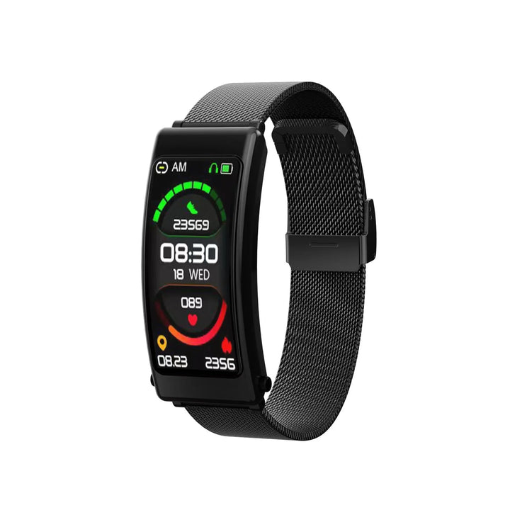 Black fitness tracker with digital display showing time, date, steps, heart rate, and calories burned