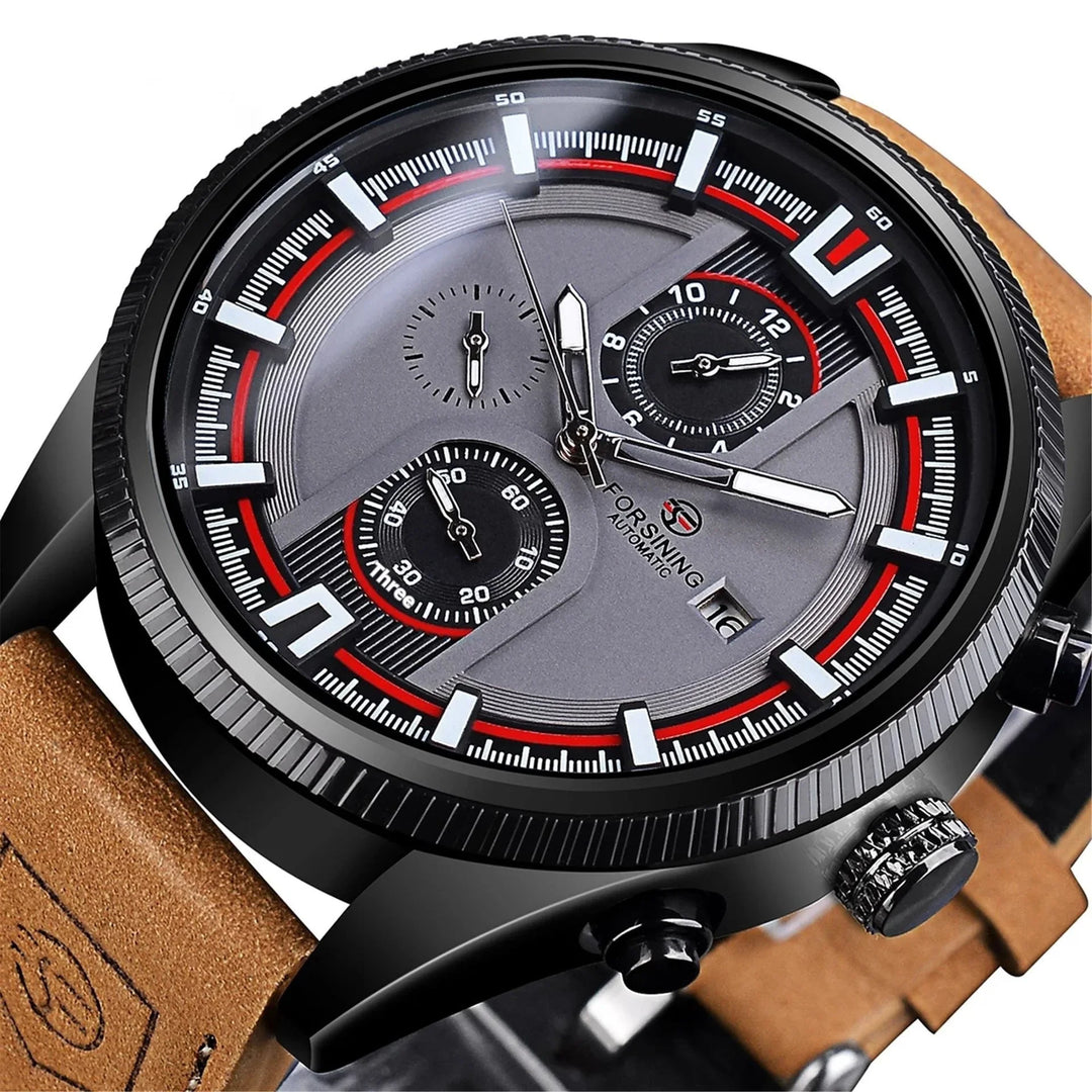 Forsining automatic men's wristwatch with black case, grey dial, red accents, and brown leather strap
