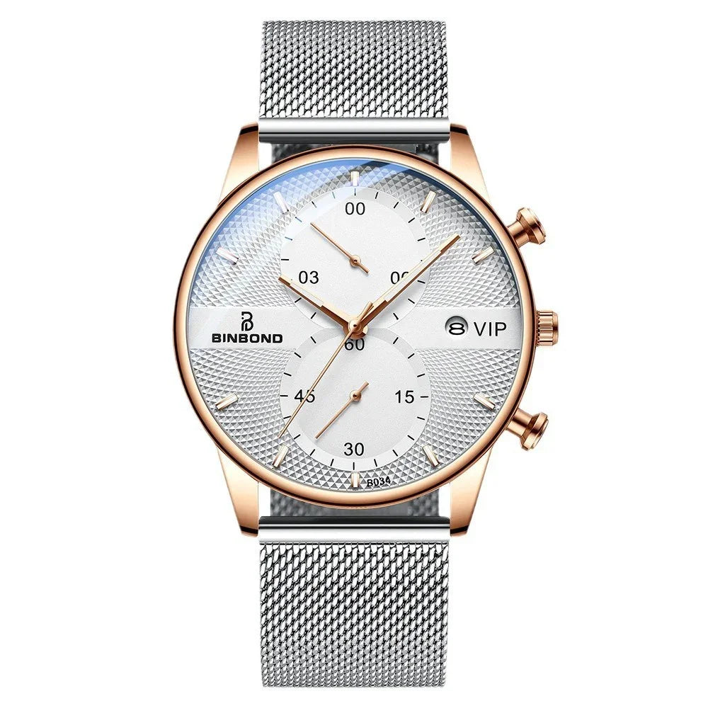 Binbond men's wristwatch with rose gold case, silver textured dial, chronograph, and silver mesh band