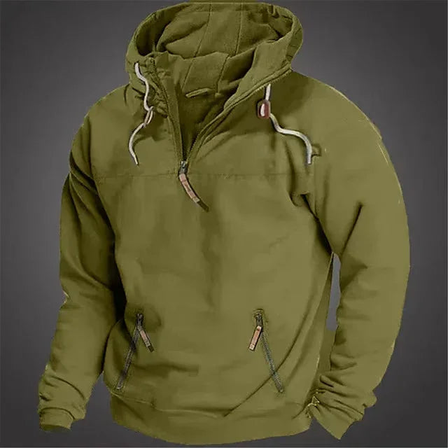 olive green pullover hoodie with half zipper, front pockets, and drawstring hood