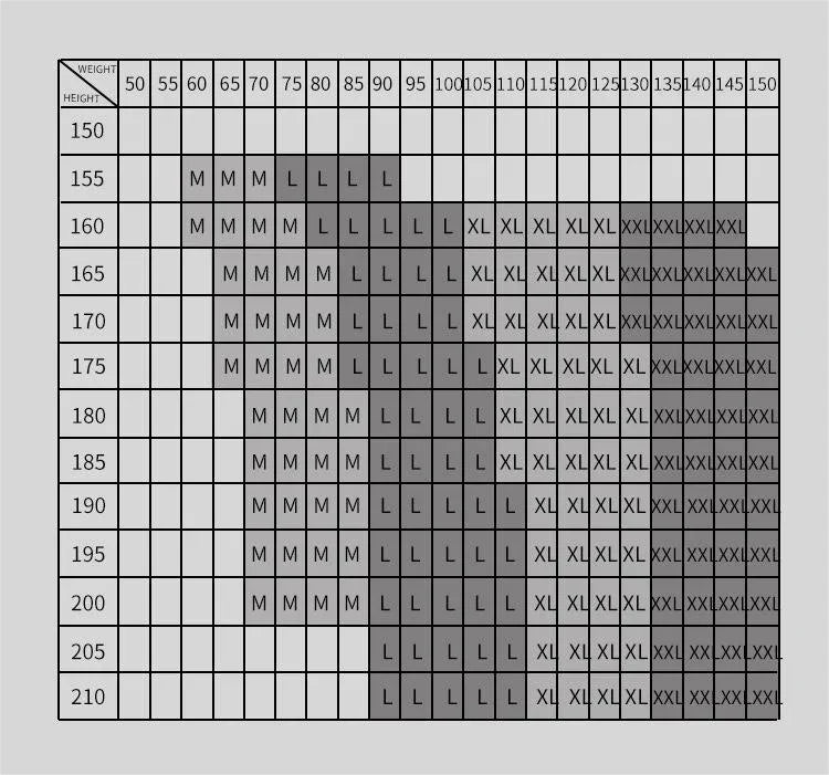 Clothing size chart matching height in cm and weight in kg to sizes M, L, XL, and XXL
