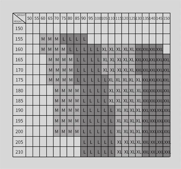Clothing size chart matching height in cm and weight in kg to sizes M, L, XL, and XXL