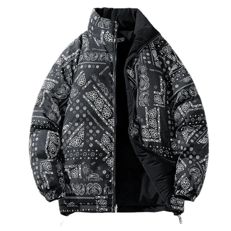 Black puffer jacket with white bandana paisley print and high collar, open zipper