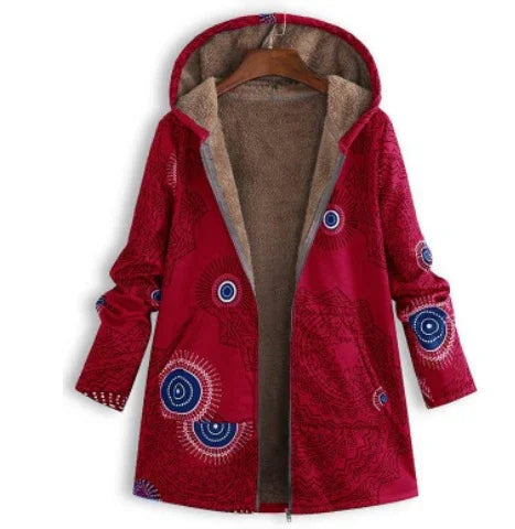 Red hooded winter coat with tribal blue circular patterns and soft beige fleece lining