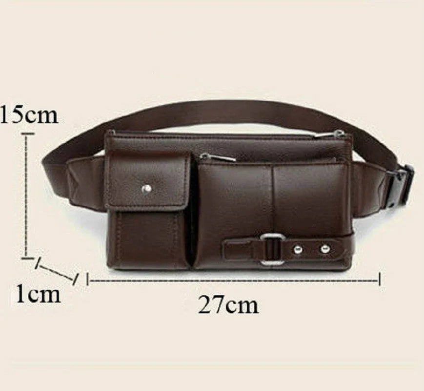 brown leather waist bag with two zippered pockets and buckle detail, size 27cm by 15cm