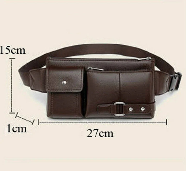 brown leather waist bag with two zippered pockets and buckle detail, size 27cm by 15cm