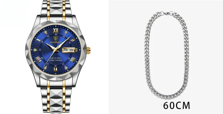 silver and gold men's wristwatch with blue dial and 60cm silver chain necklace