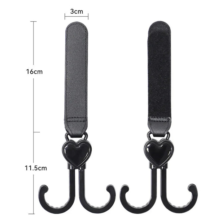 Black leather bag hooks with heart-shaped connectors and double curved hooks, 16cm length