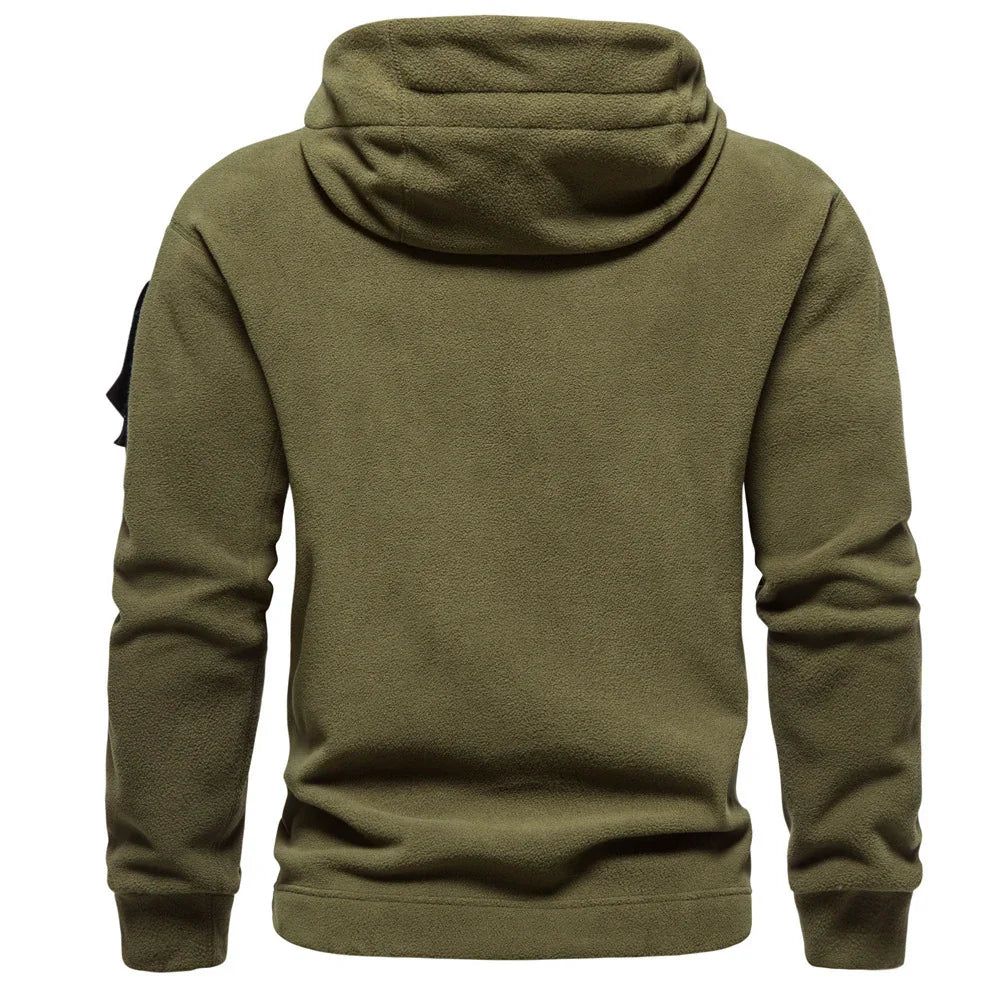 Olive green fleece hoodie with hood shown from the back on a plain white background