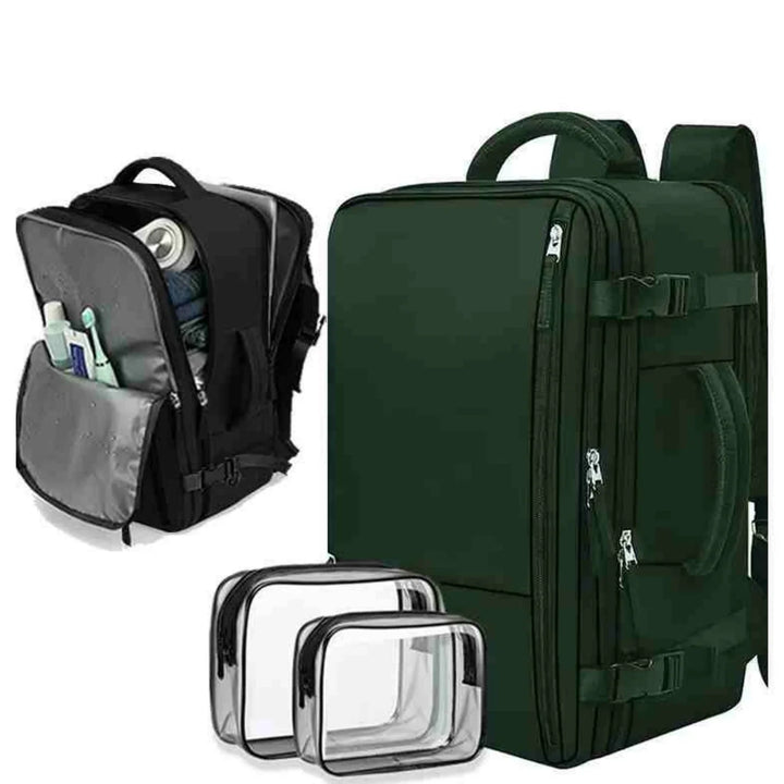 black travel backpack with multiple compartments, side open pocket with toiletries, and two transparent packing cubes
