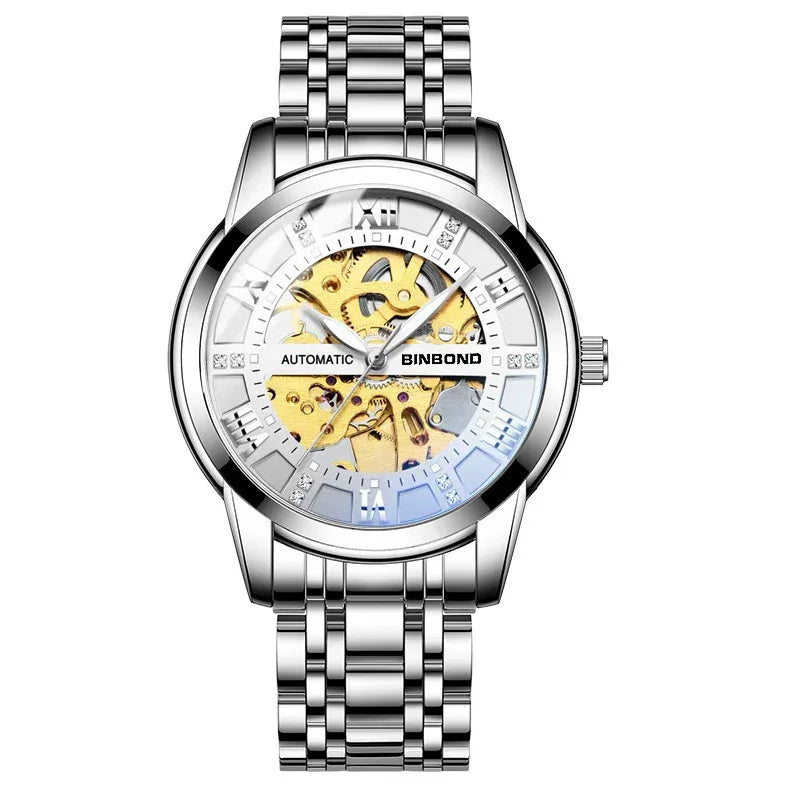 Silver automatic BINBOND wristwatch with skeleton gold dial and metal link bracelet