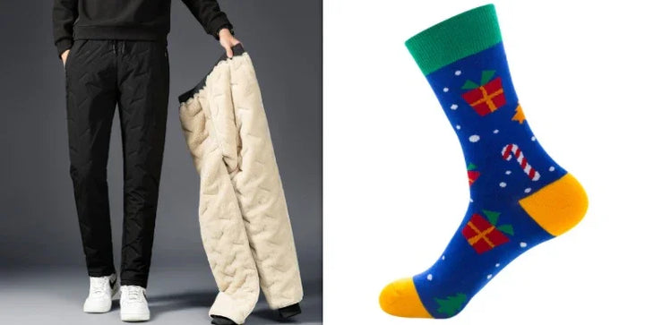 Black quilted pants with white sneakers and beige fleece pants, plus blue Christmas socks with presents and candy canes