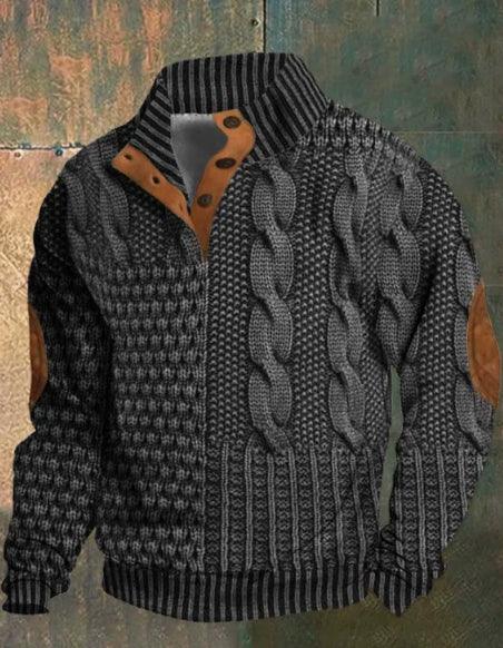 Black and gray cable knit sweater with brown leather elbow patches and buttoned collar