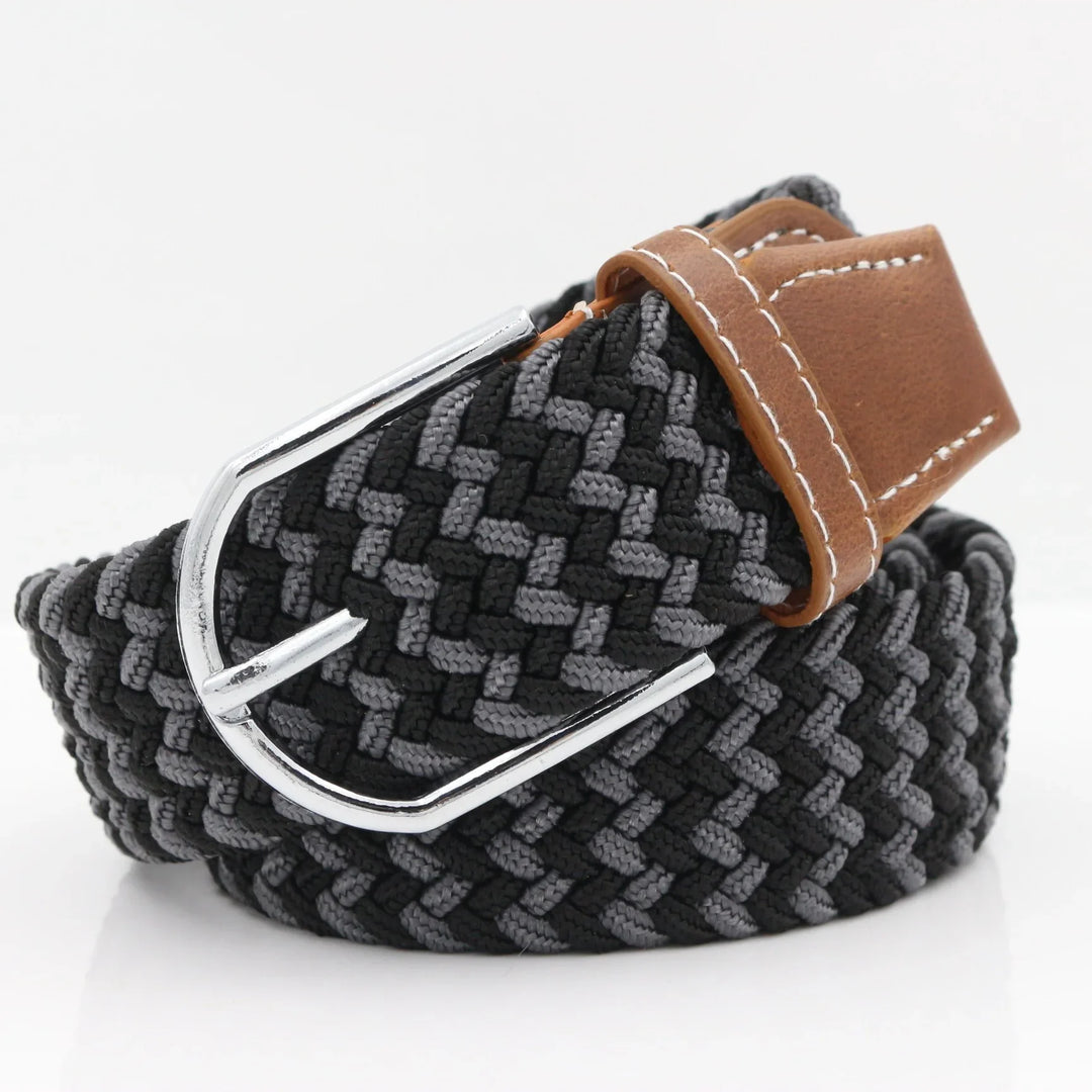 Black and gray woven fabric belt with silver buckle and brown leather detail