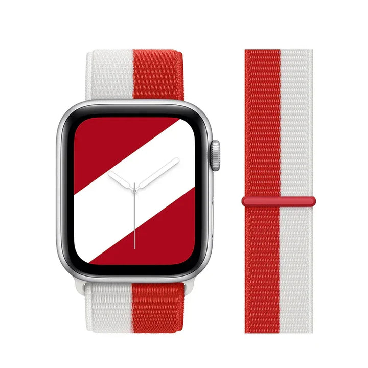 Smartwatch with red and white striped nylon band and matching watch face featuring diagonal white stripe