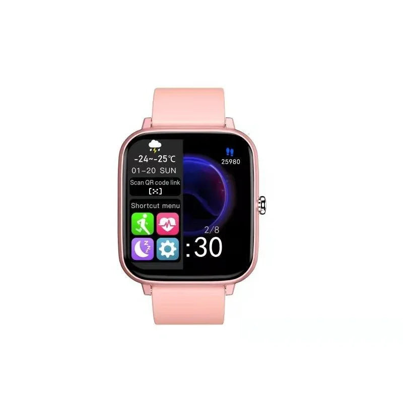 Pink smart watch showing weather, step count, shortcut menu with fitness, heart rate, sleep, and settings icons