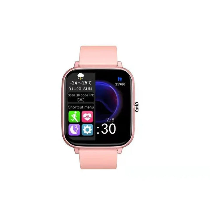 Pink smart watch showing weather, step count, shortcut menu with fitness, heart rate, sleep, and settings icons