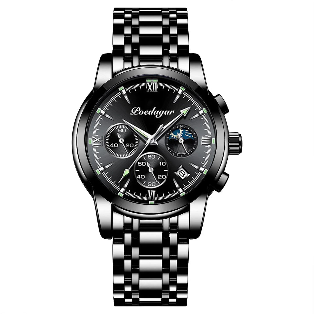 Poedagar men's black dial stainless steel chronograph wristwatch with date and moon phase