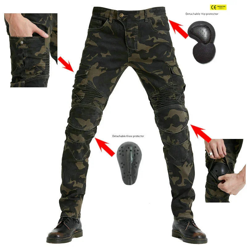 Men's camo motorcycle pants with detachable knee, hip protectors and reinforced stitching