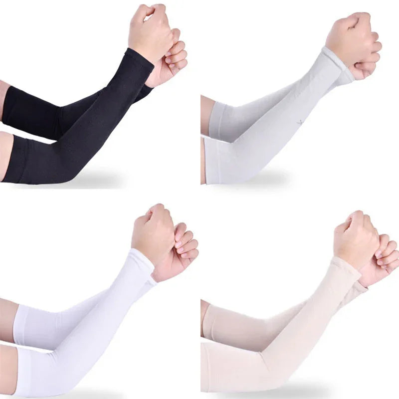 Four pairs of arms wearing black, gray, white, and beige compression arm sleeves on white background