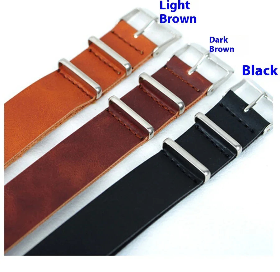 Three leather watch straps in light brown, dark brown, and black with silver buckles on white background