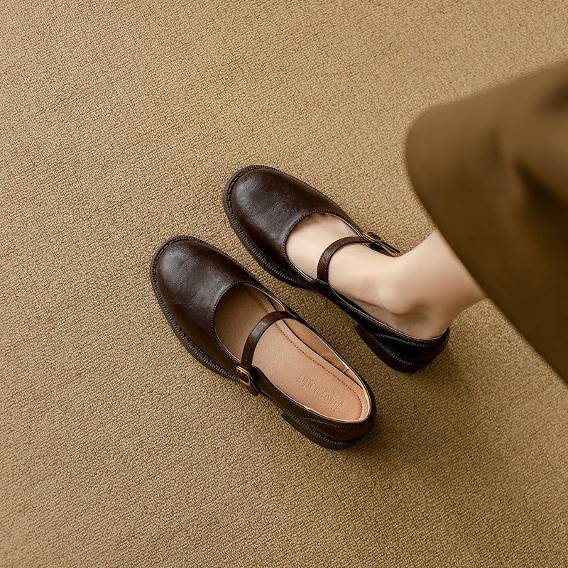 Pair of vintage-style dark brown leather Mary Jane shoes on beige carpet, one worn