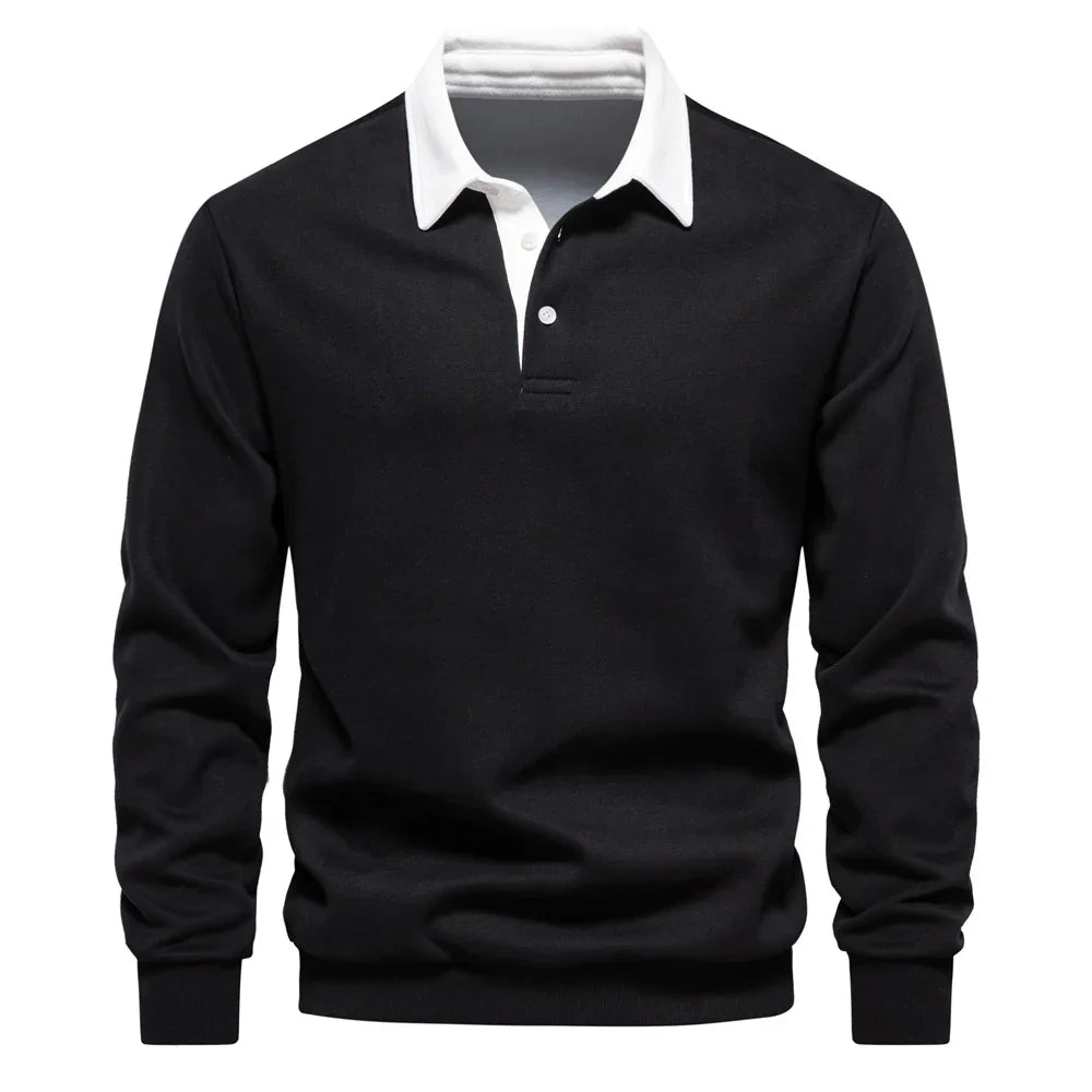 Black long-sleeve polo shirt with white collar and button placket