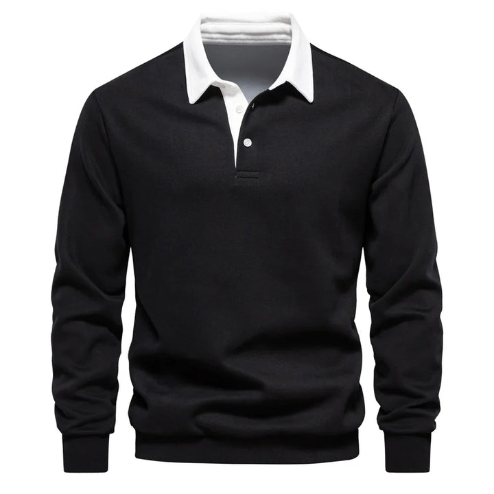 Black long-sleeve polo shirt with white collar and button placket