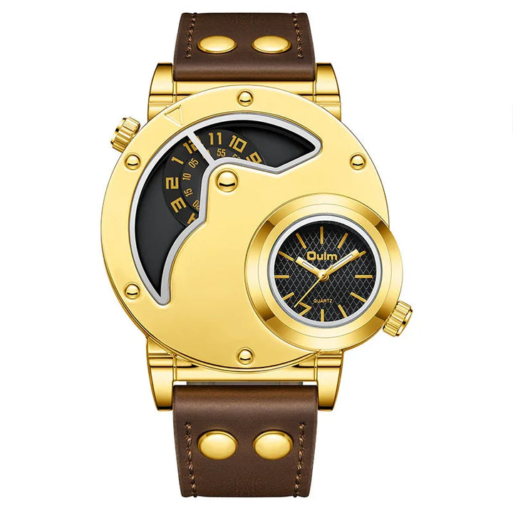 Gold-tone Oulm dual-display quartz watch with brown leather strap and unique curved dial design