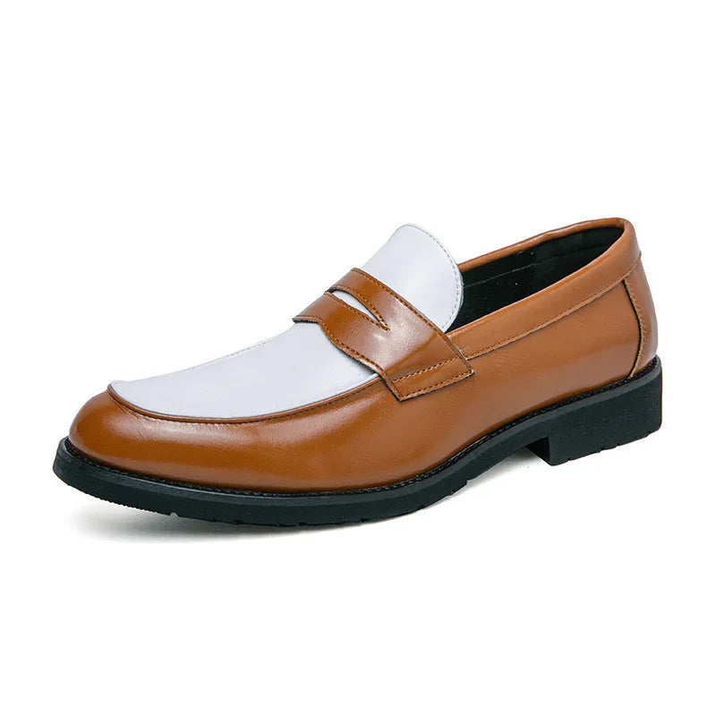 Men's two-tone brown and white leather penny loafer shoe with black sole