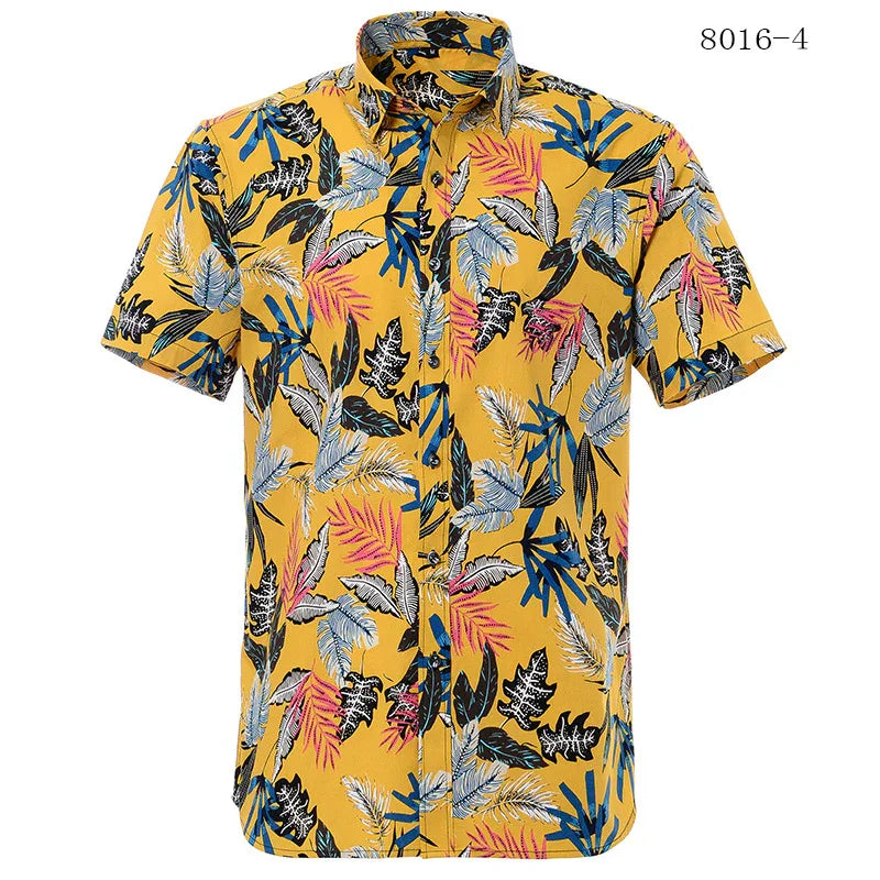 Men's short-sleeve yellow tropical floral print shirt with blue, black, pink, and white leaves