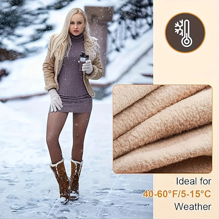 Blonde woman wearing beige fur jacket, dress, gloves, and boots in snowy outdoor winter setting