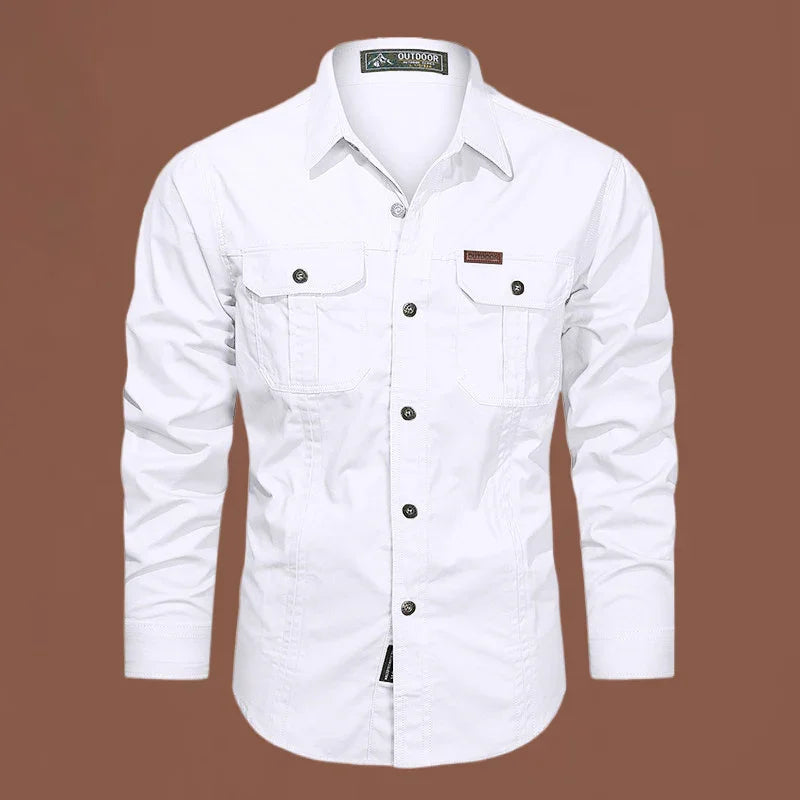white long-sleeve outdoor button-up shirt with two chest pockets on brown background