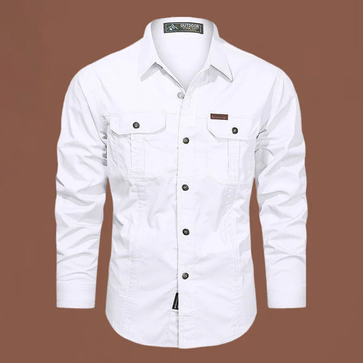 white long-sleeve outdoor button-up shirt with two chest pockets on brown background