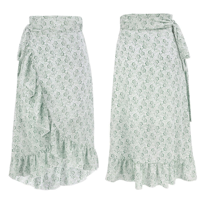 Light green floral wrap skirt with ruffle hem and tie waist detail shown from front and back