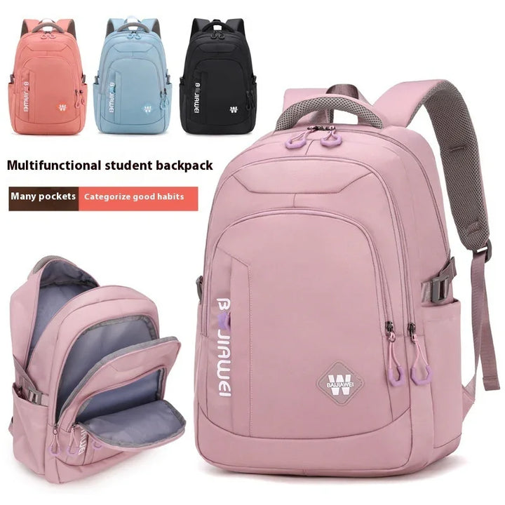 Multifunctional student backpacks in pink, blue, black with multiple pockets and padded straps