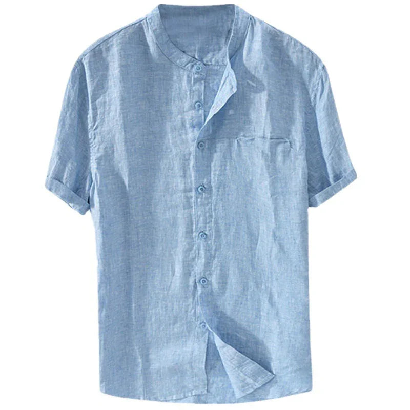 Light blue short-sleeve linen button-up shirt with mandarin collar and chest pocket