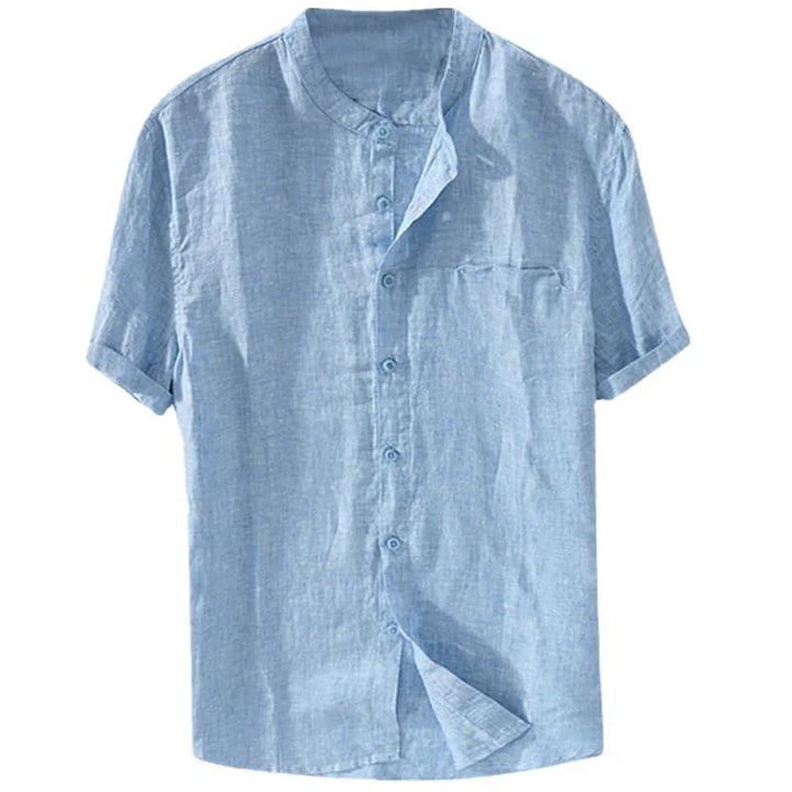 Light blue short-sleeve linen button-up shirt with mandarin collar and chest pocket