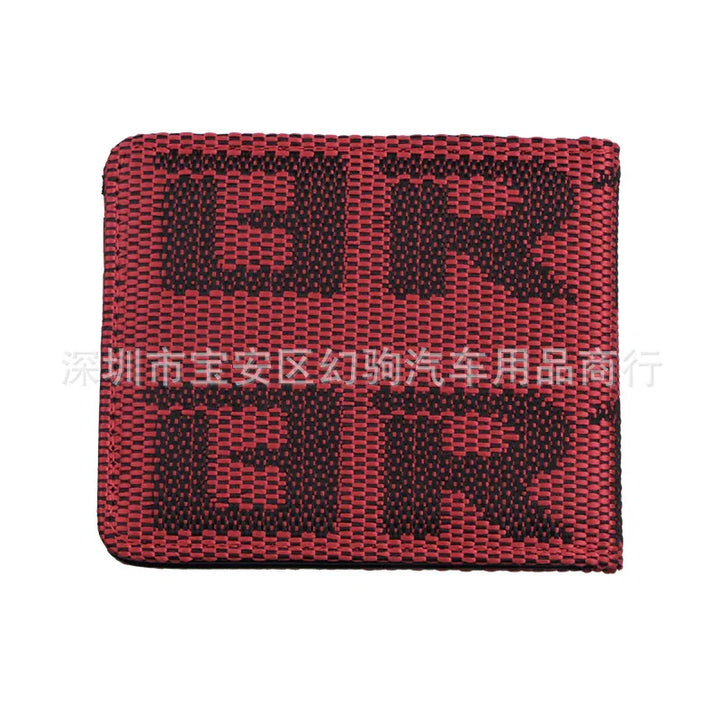 Red and black woven fabric wallet with bold letters 'LJR' on a white background