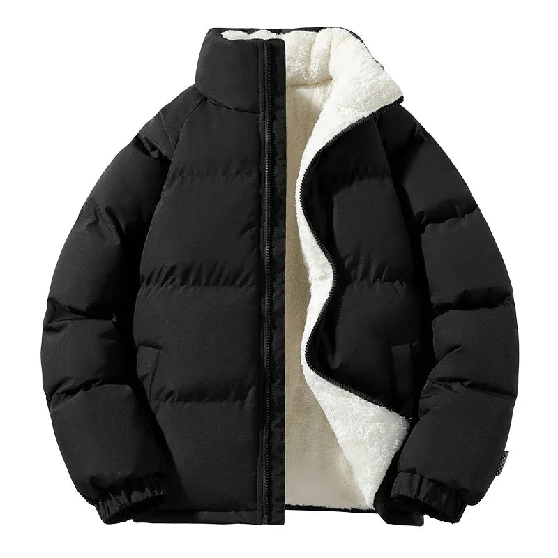 Black puffer jacket with white fleece lining and front zipper on white background
