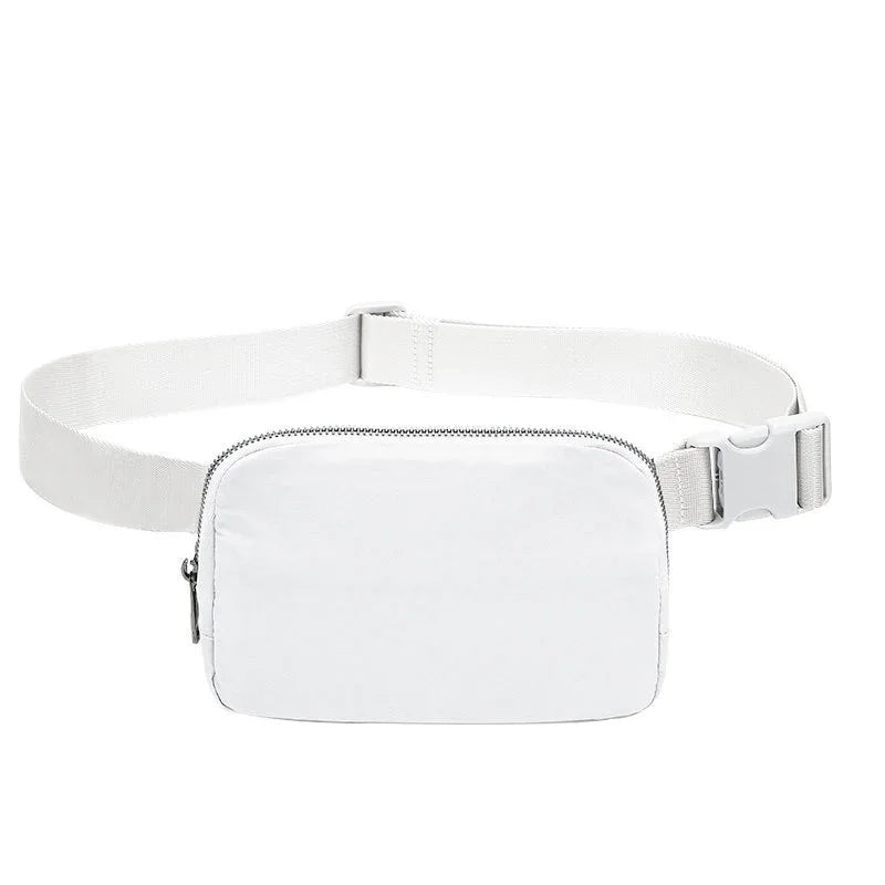 Minimalist white belt bag with zippered pouch and adjustable strap on white background