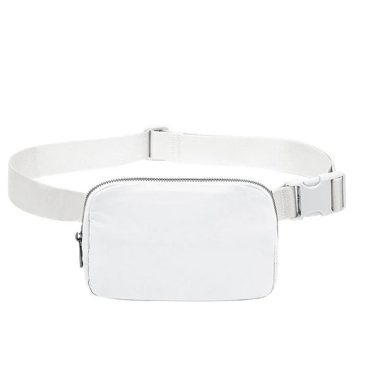 Minimalist white belt bag with zippered pouch and adjustable strap on white background