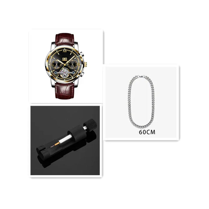 Luxury men's wristwatch with brown leather strap, silver chain necklace 60cm, and black wrist tool