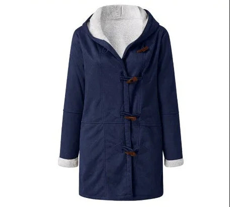 Navy blue hooded winter coat with white fleece lining and toggle button closures