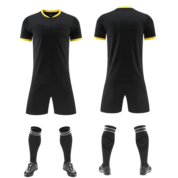 Front and back view of black soccer uniform set with yellow collar and sleeve edges, black socks with white stripes, and black cleats