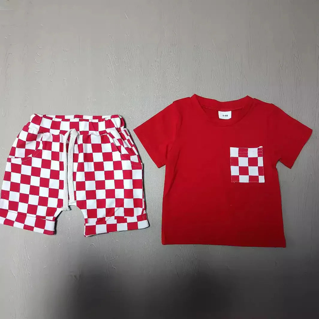 Red toddler outfit with white and red checkered shorts and matching checkered pocket T-shirt