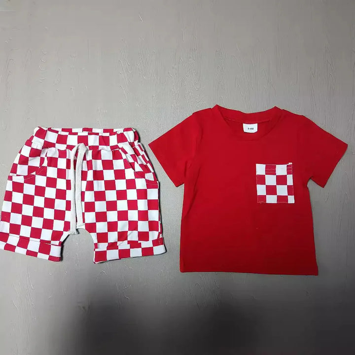 Red toddler outfit with white and red checkered shorts and matching checkered pocket T-shirt