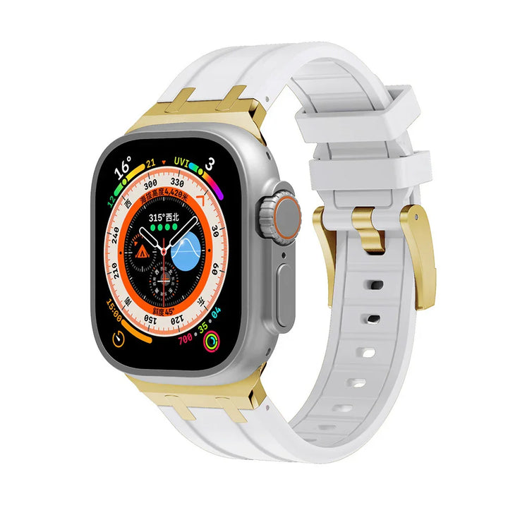 Smartwatch with white silicone strap, gold accents, and digital compass display