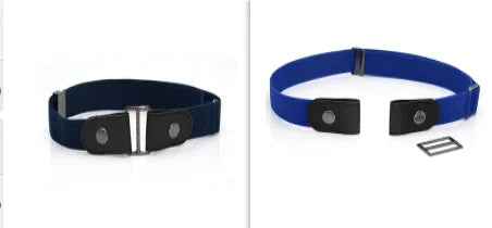 Blue elastic compression band with black snap fasteners and metal buckle parts on white background