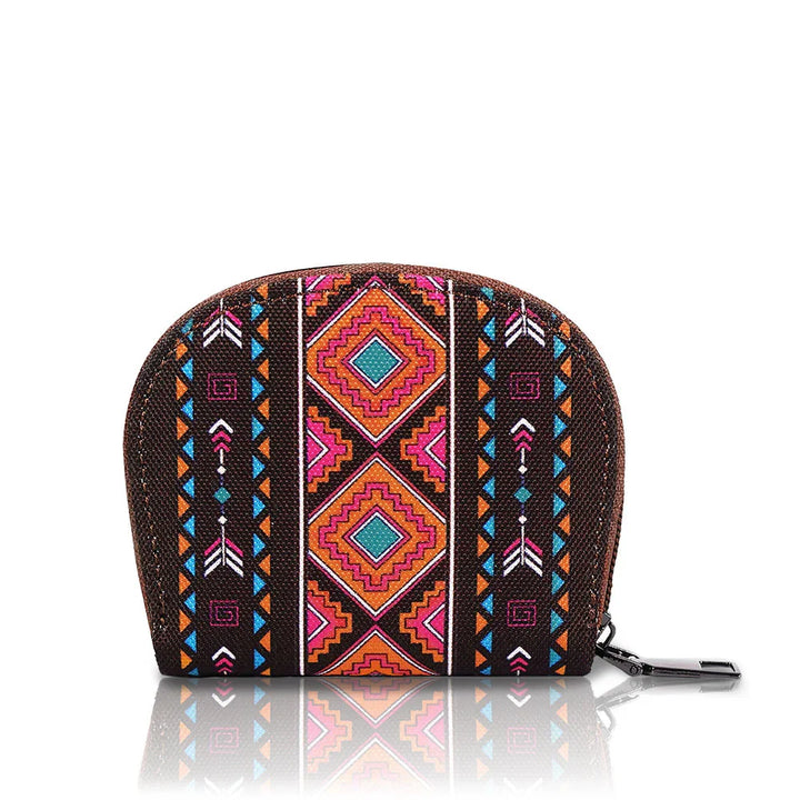 Small zippered pouch with colorful geometric tribal pattern on brown fabric